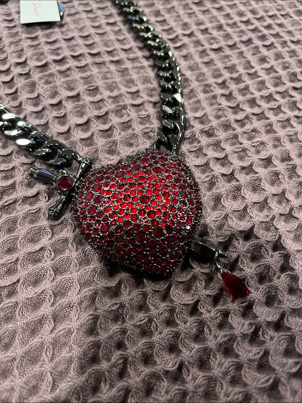 Betsey Johnson Gunmetal Chain Necklace with Red Pave Heart Pendant - Picture 2 of 4